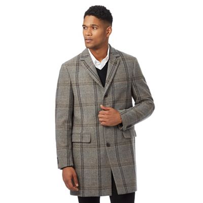 Big and tall brown and grey checked wool blend coat